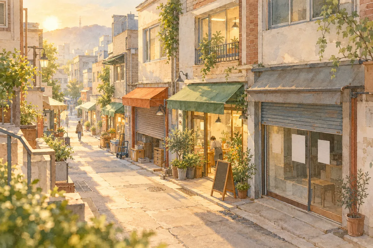 이른 아침 상가 골목에서 셔터를 반쯤 내린 빈 점포 옆으로 화분과 입간판을 내놓고 막 문을 여는 가게가 있는 수채화