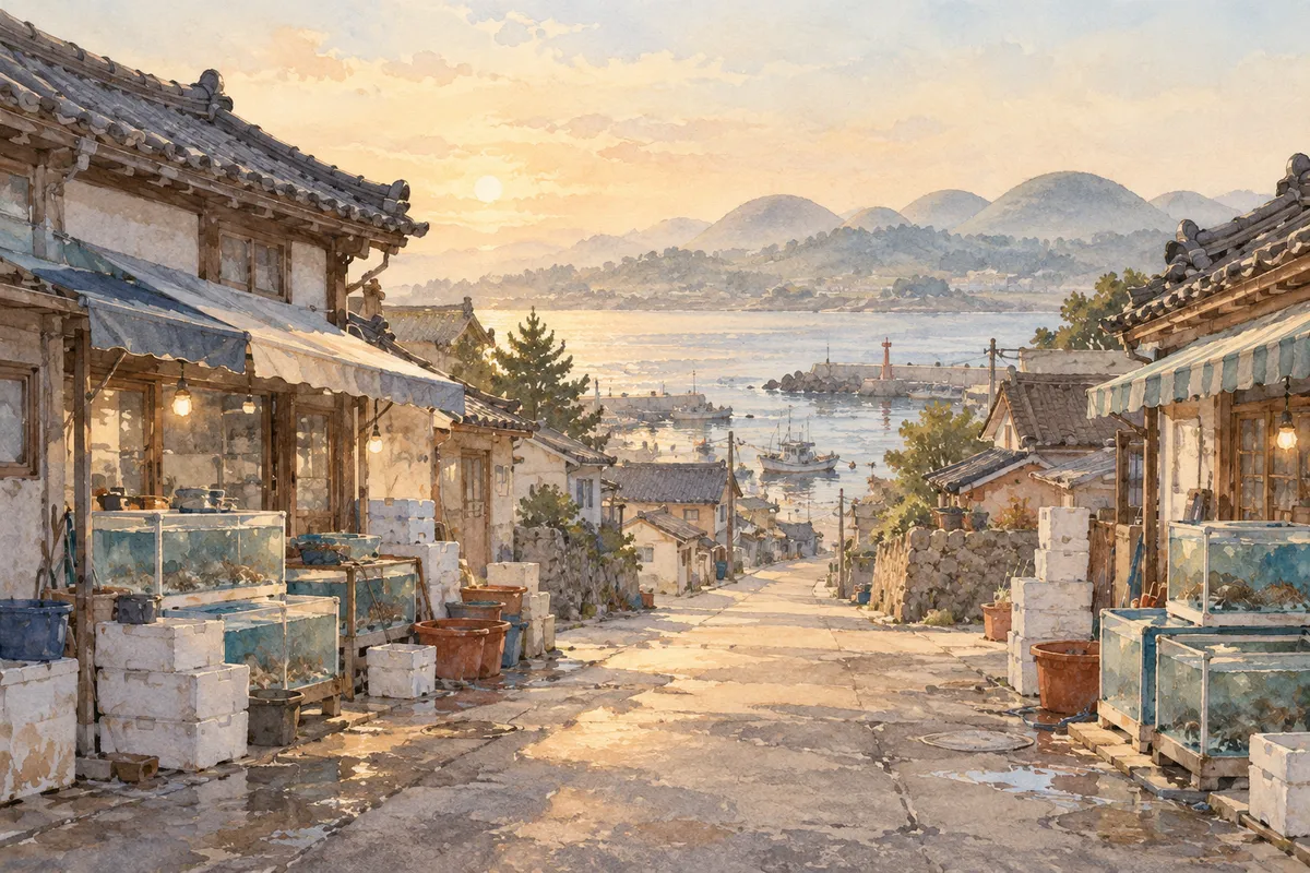 이른 아침 햇살 아래 기와지붕 가게 앞에 수족관과 스티로폼 상자가 놓인 바닷가 마을 골목, 멀리 항구와 둥근 언덕이 보이는 수채화