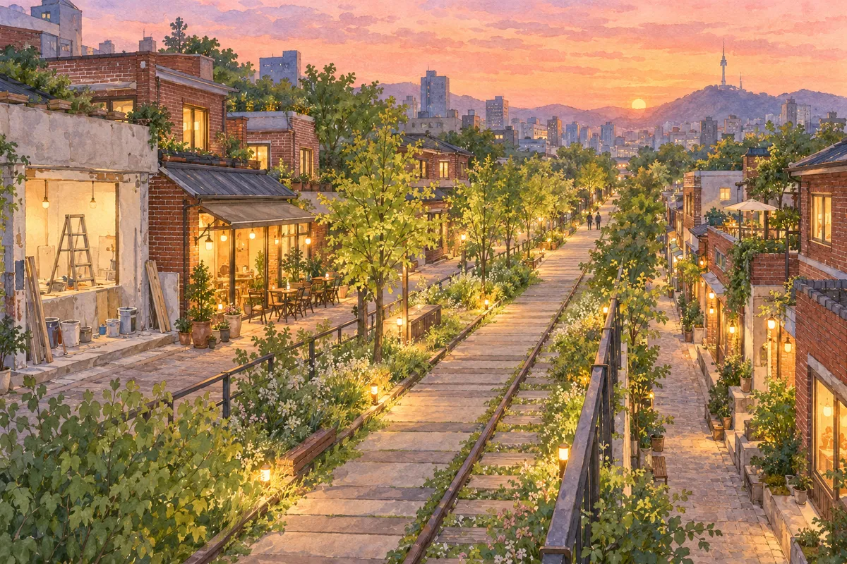 해 질 녘 옛 철길을 고친 공원 산책길 양옆으로 벽돌집 카페·식당에 불이 켜지고 한쪽 가게는 공사 중인 수채화