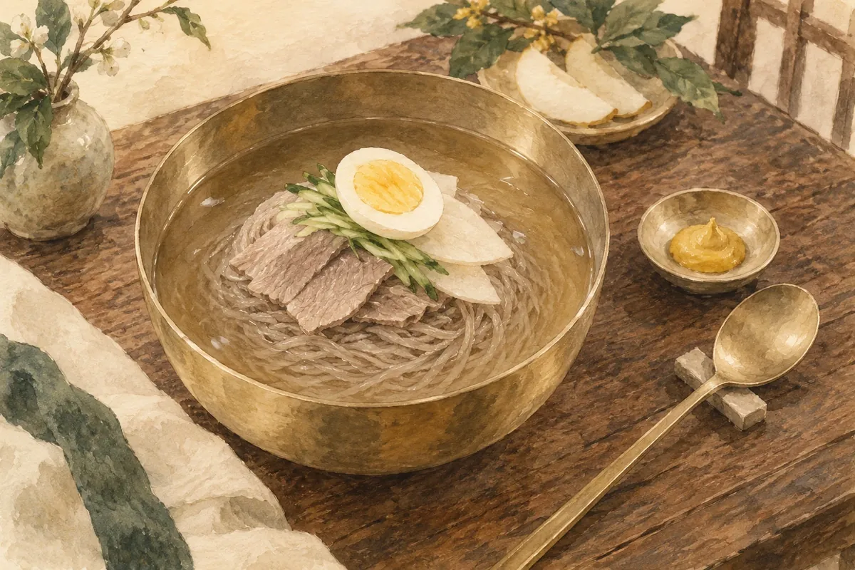 놋그릇에 담긴 물냉면을 그린 수채화풍 그림