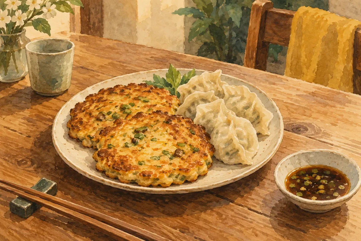 접시에 담긴 녹두전과 만두를 그린 수채화풍 그림