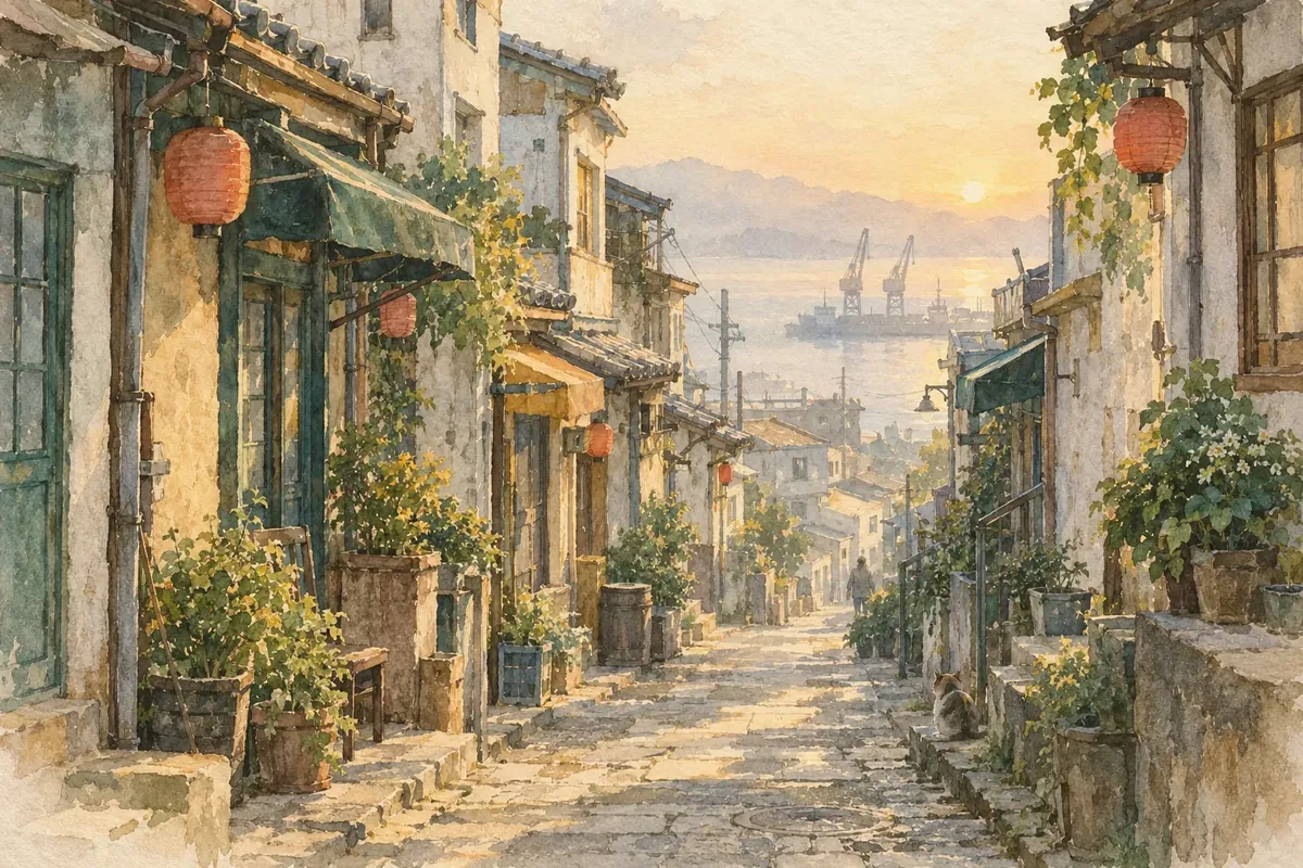 붉은 등이 걸린 항구 도시 언덕 골목을 그린 수채화풍 그림