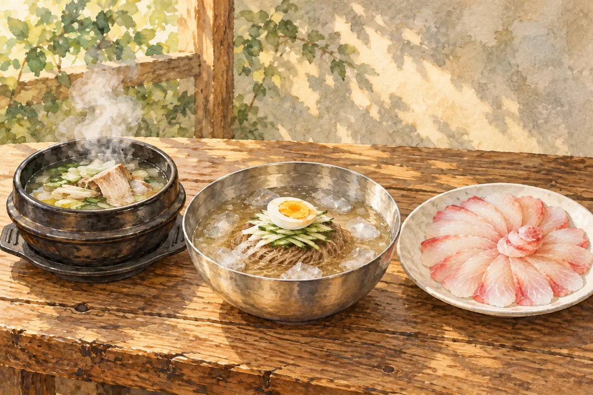 나무 식탁 위에 김이 오르는 뚝배기 탕, 얼음 띄운 물냉면, 접시에 펼친 생선회를 나란히 놓은 수채화