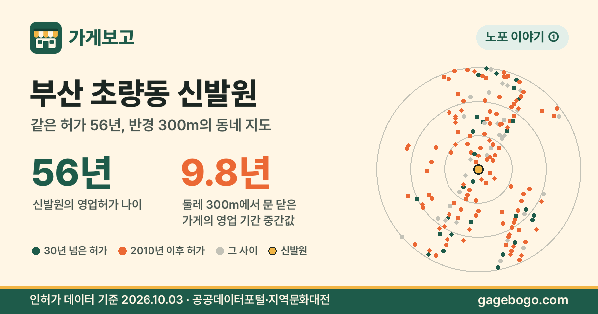 부산 초량동 신발원 반경 300m 점 지도 — 신발원 허가 56년, 둘레에서 문 닫은 가게 영업 기간 중간값 9.8년